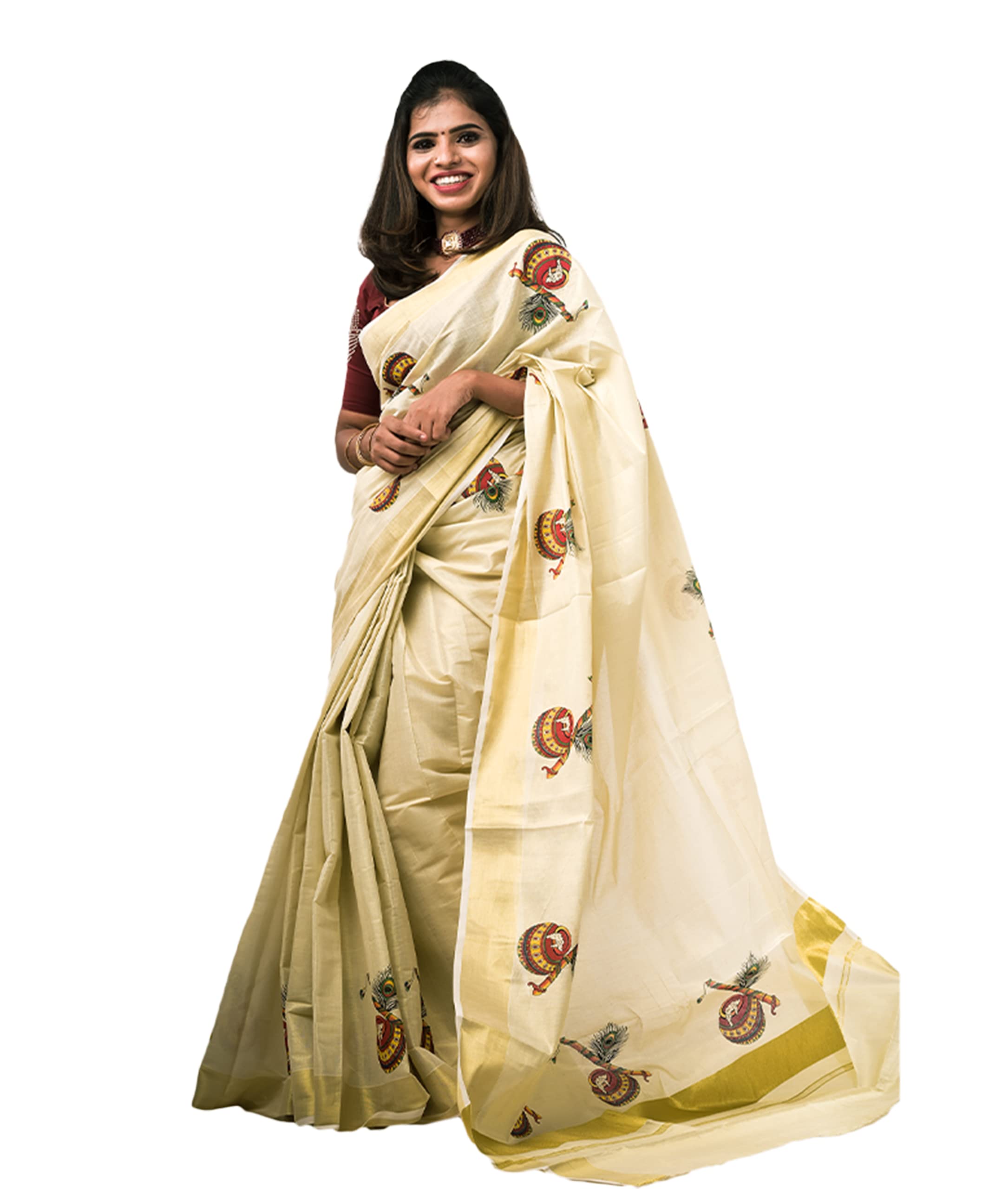 Women's Kuthampully Kerala Kasavu Saree Tissue Mural Painted | Traditional South Indian Saree | Onam Saree - Multi Color BOM-655