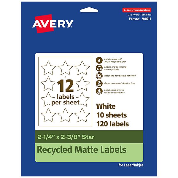 Avery EcoFriendly Matte White Recycled Star Labels, 2-1/4" x 2-3/8", Print-to-The-Edge, Permanent Adhesive