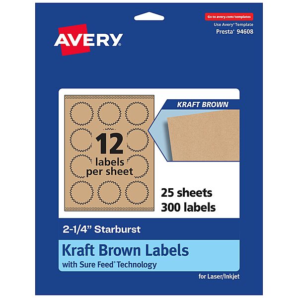 Avery Kraft Brown Starburst Labels, Sure Feed Technology, 2.25" Print-to-The-Edge, Laser/Inkjet Printable