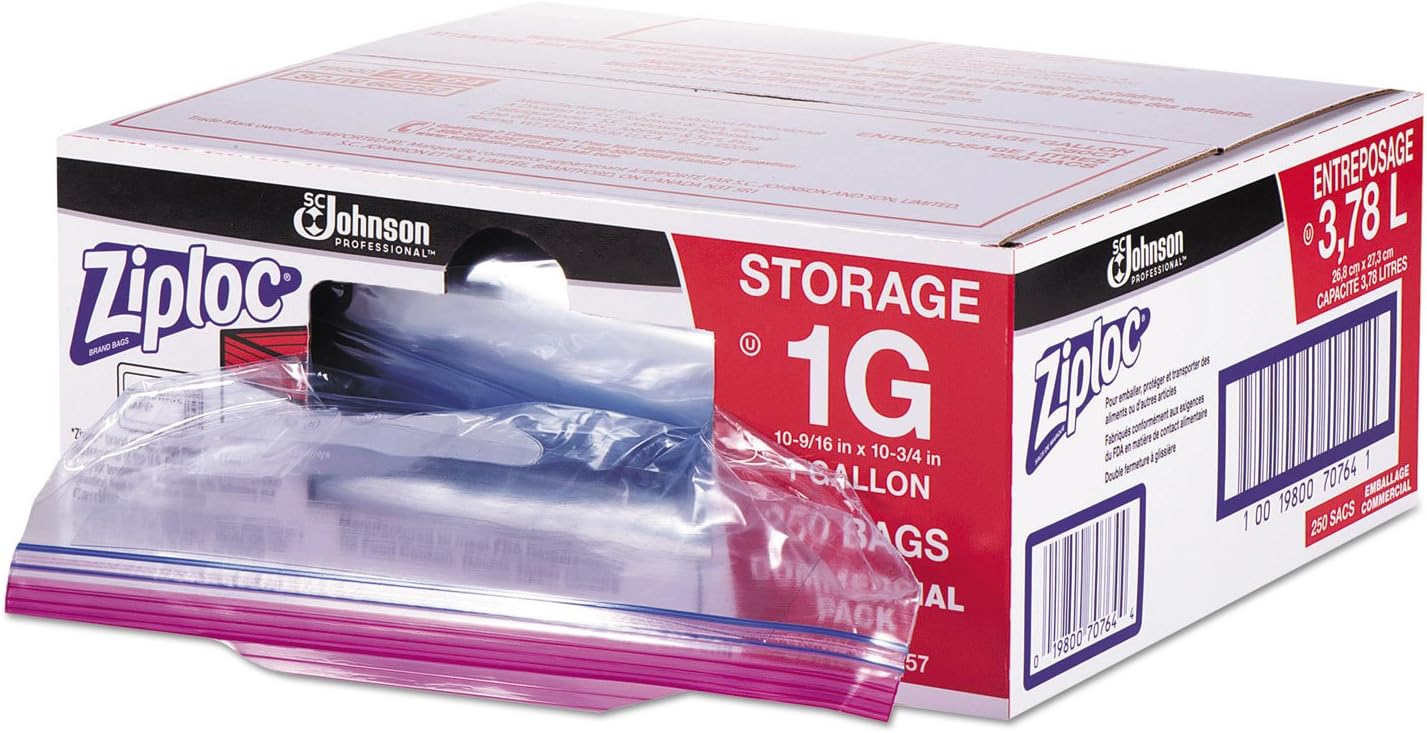 Ziploc 682257 Double Zipper Bags, Plastic, 1gal, 1.75mil, Clear w/Write-On Panel, 250/Box