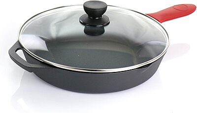 MegaChef Skillets with Lids Pre-Seasoned, 9 Piece Set, Black, Red