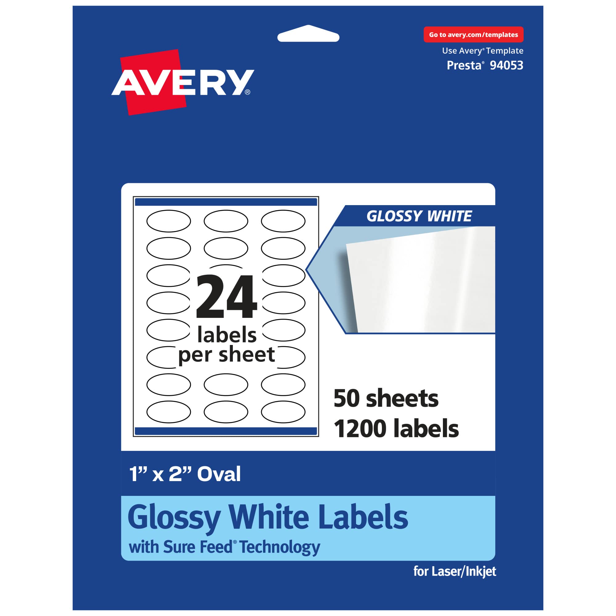 AVERY Glossy White Oval Labels, Sure Feed Technology, 1 x 2 in, Print-to-The-Edge, Permanent Adhesive, Laser/Inkjet Printable