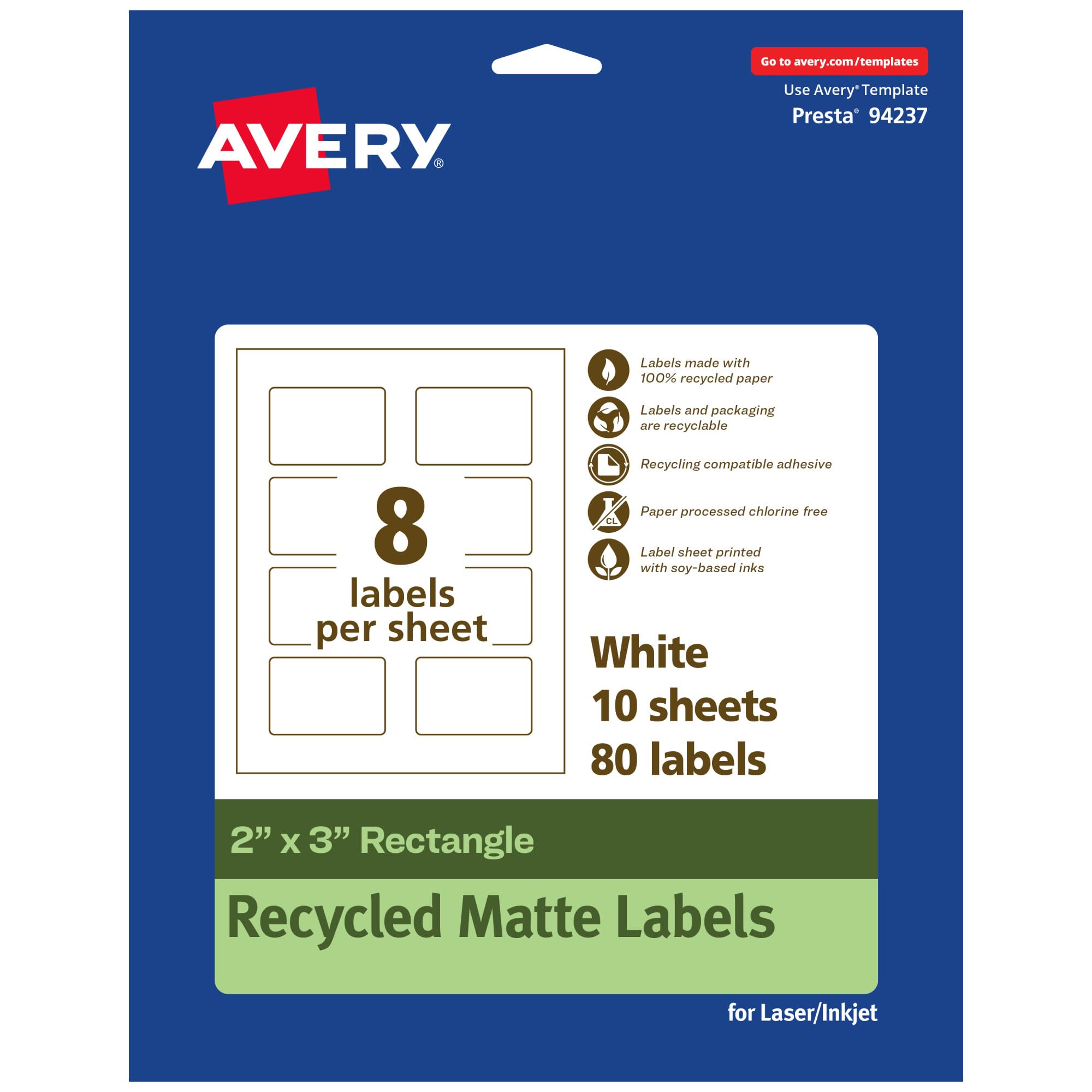 Avery EcoFriendly Matte White Recycled Rectangle Labels, 2" x 3", Print-to-The-Edge, Permanent Adhesive