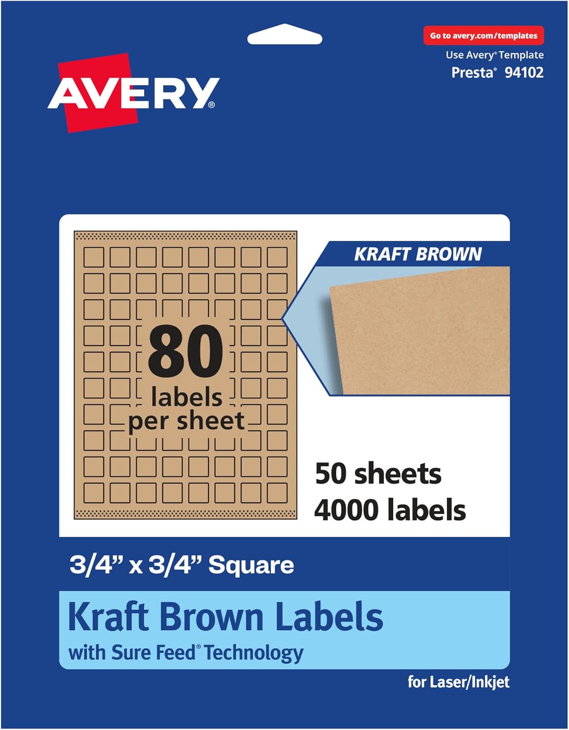AVERY Kraft Brown Square Labels, Sure Feed Technology, 3/4" x 3/4", Print-to-The-Edge, Laser/Inkjet Printable