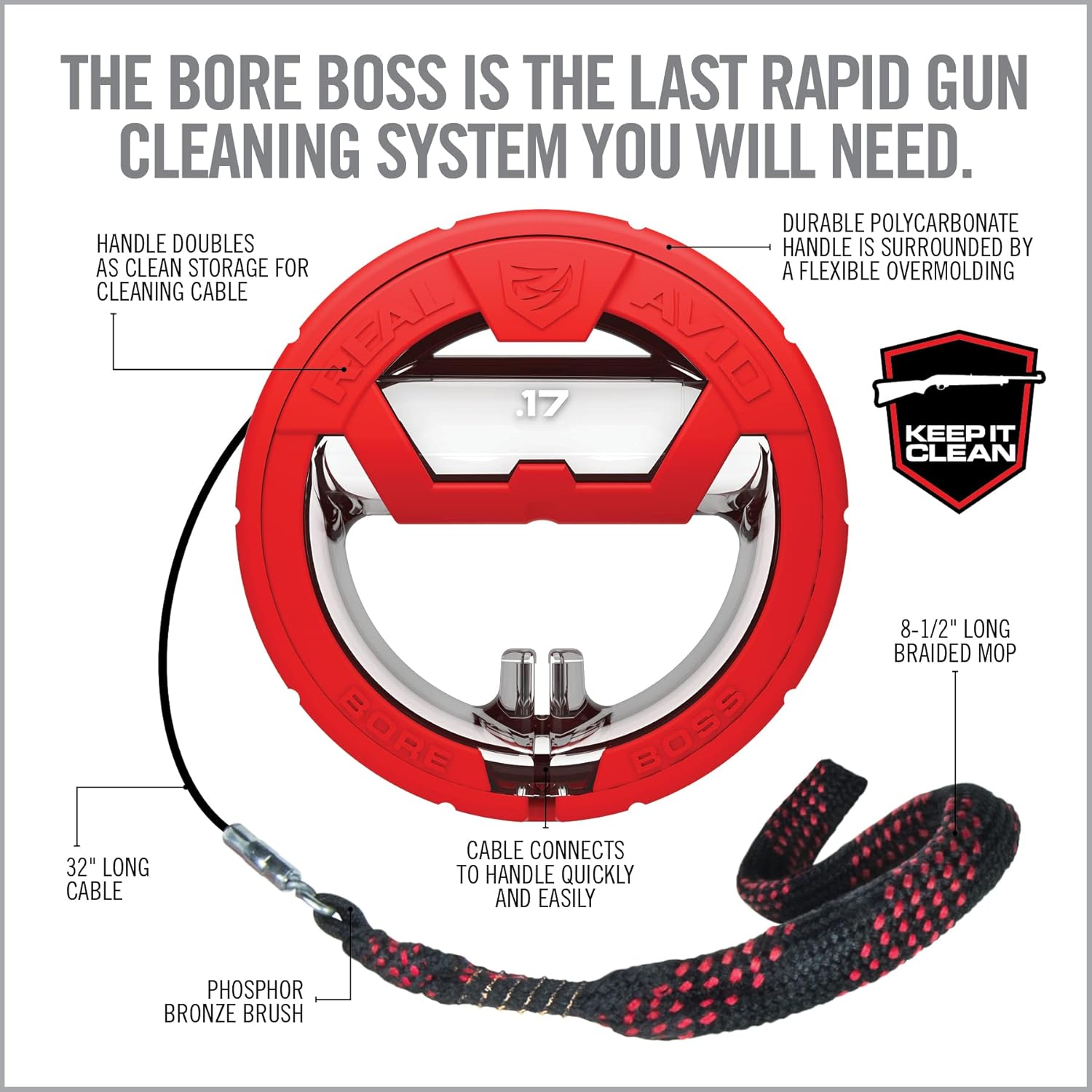 Real Avid Bore Boss Gun Cleaning System - Rapid Pull Through Barrel & Bore Cleaning Cable with Integrated Brush & Mop