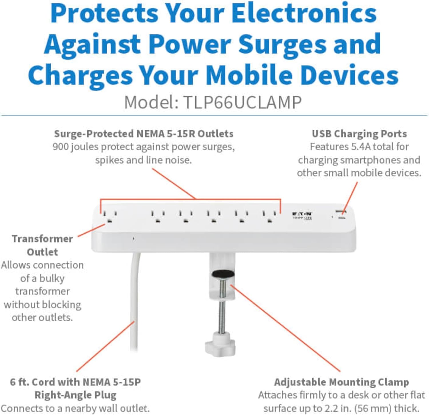 Eaton Tripp Lite Series Desk Clamp Power Strip Surge Protector