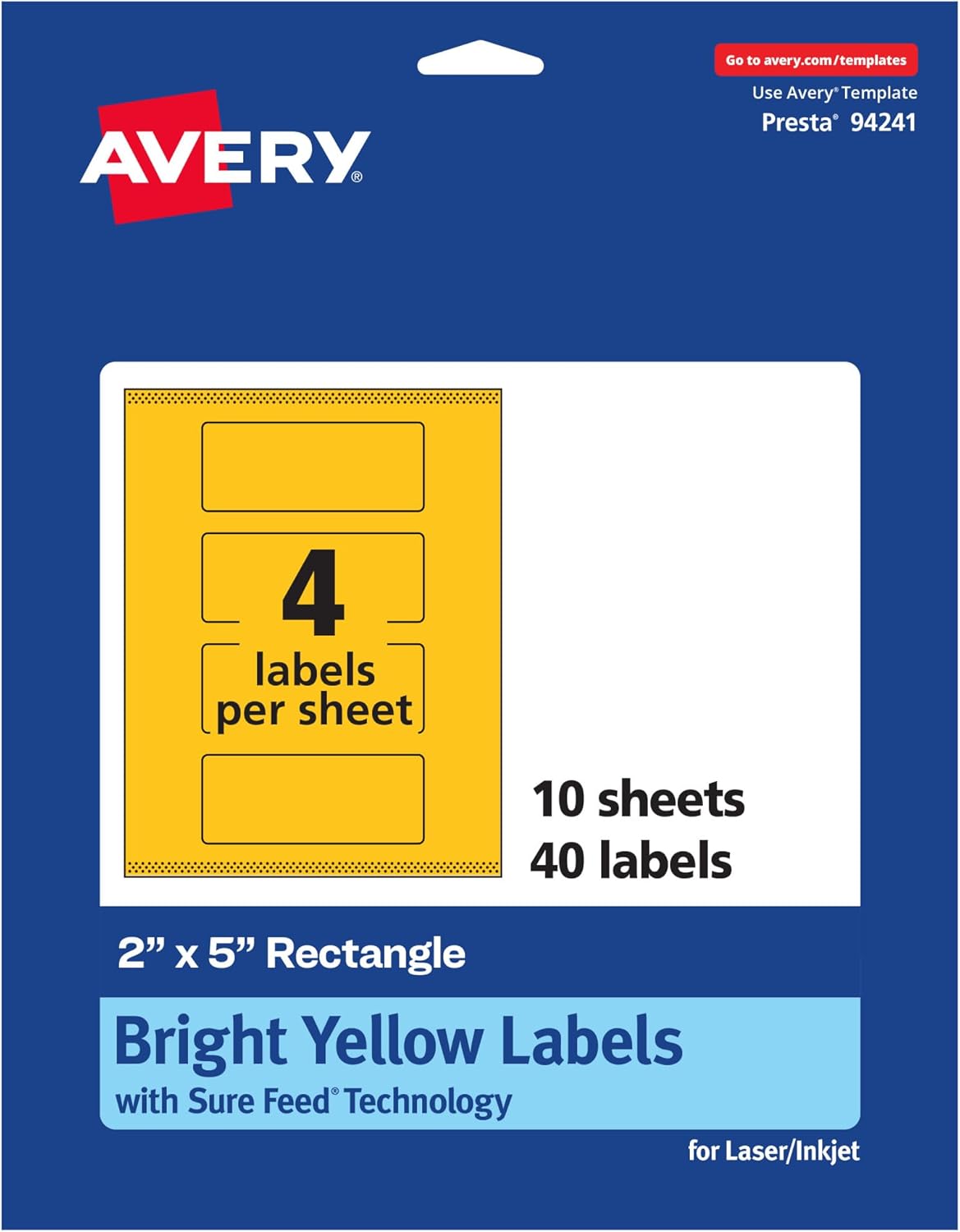 Avery Printable Rectangle Labels, Sure Feed Technology, 2" x 5", Bright Yellow, Pack of 40