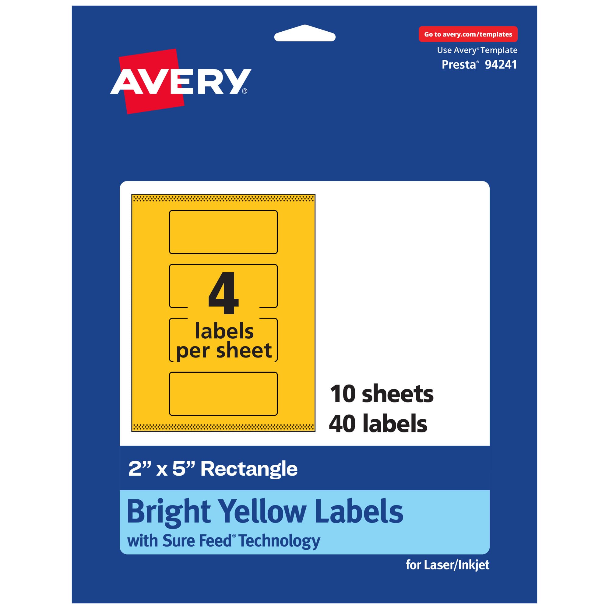 Avery Printable Rectangle Labels, Sure Feed Technology, 2" x 5", Bright Yellow, Pack of 40