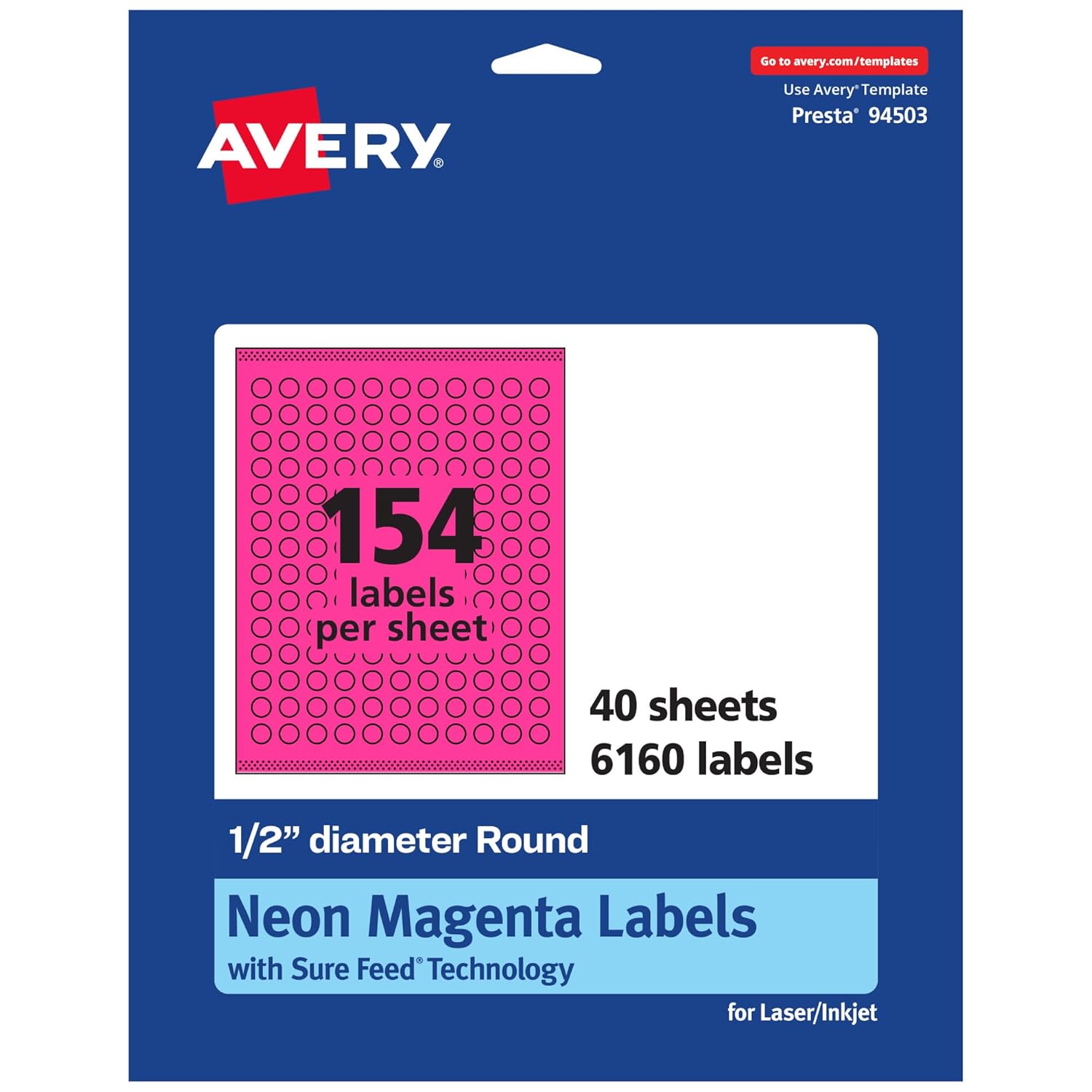 AVERY Printable Round Labels, Sure Feed Technology, 1/2" Diameter, Neon Magenta, Print-to-The-Edge, Laser/Inkjet