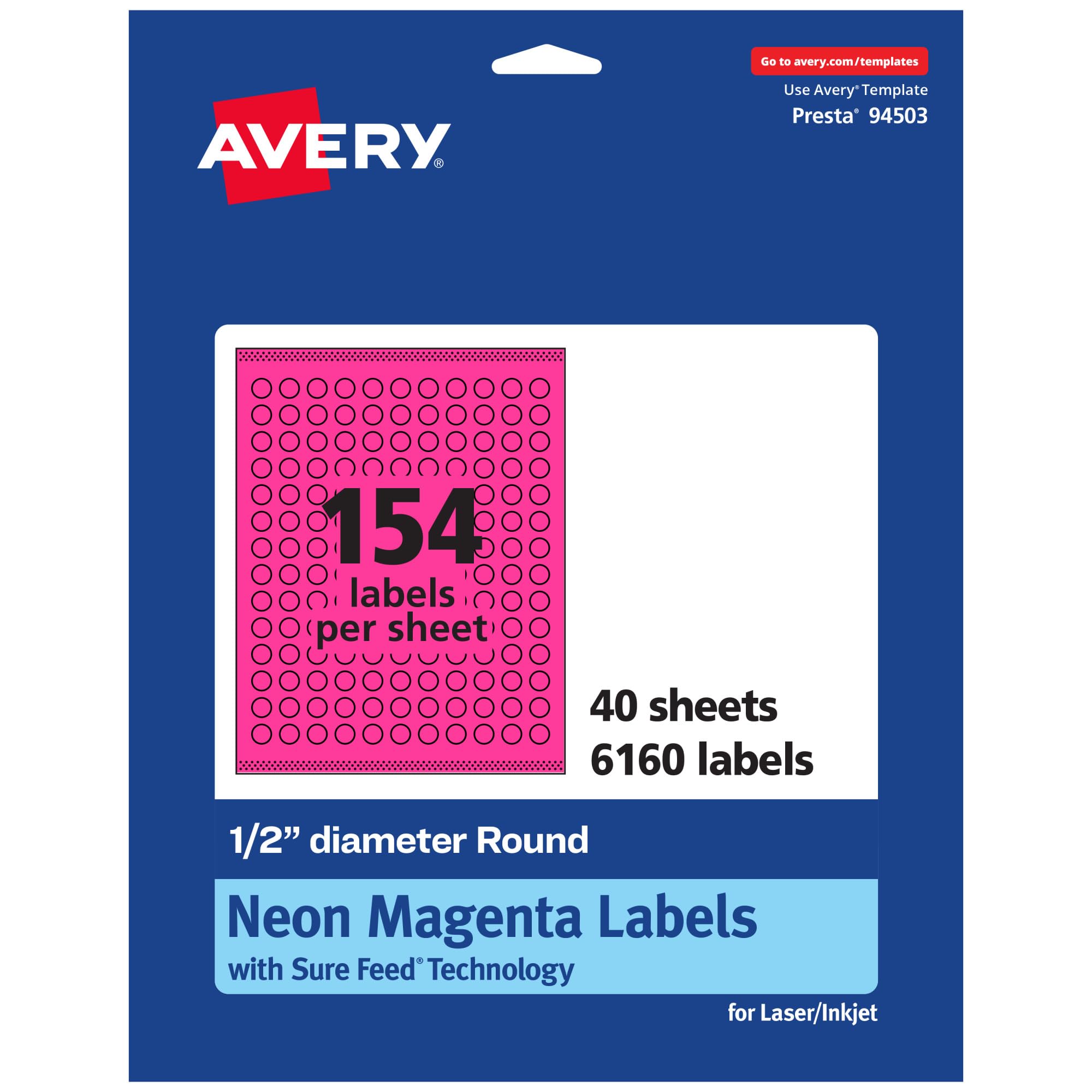 AVERY Printable Round Labels, Sure Feed Technology, 1/2" Diameter, Neon Magenta, Print-to-The-Edge, Laser/Inkjet