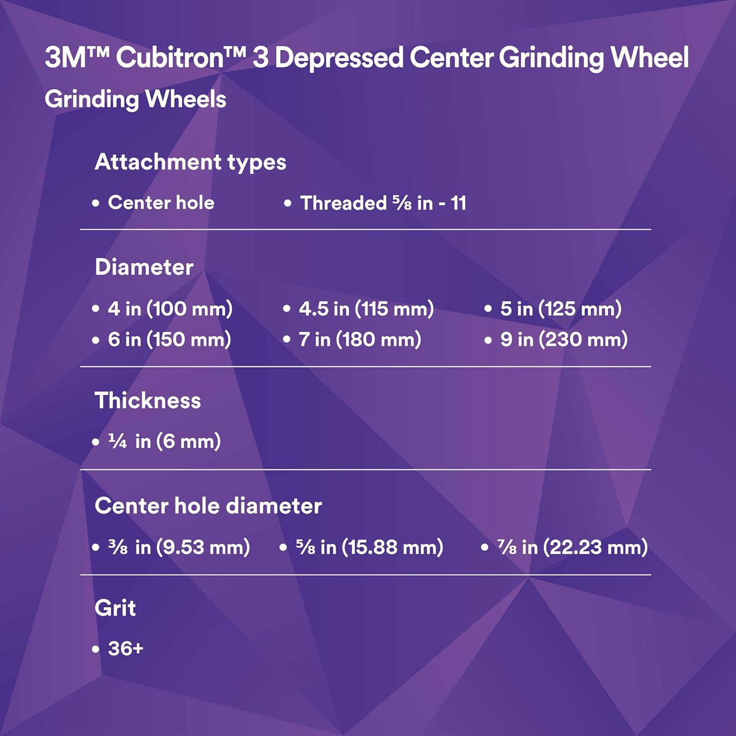 3M Cubitron 3 Depressed Center Grinding Wheel, 90002, 36+, T27, 4-1/2 in x 1/4 in x 5/8 in-11, Pack of 10, ANSI