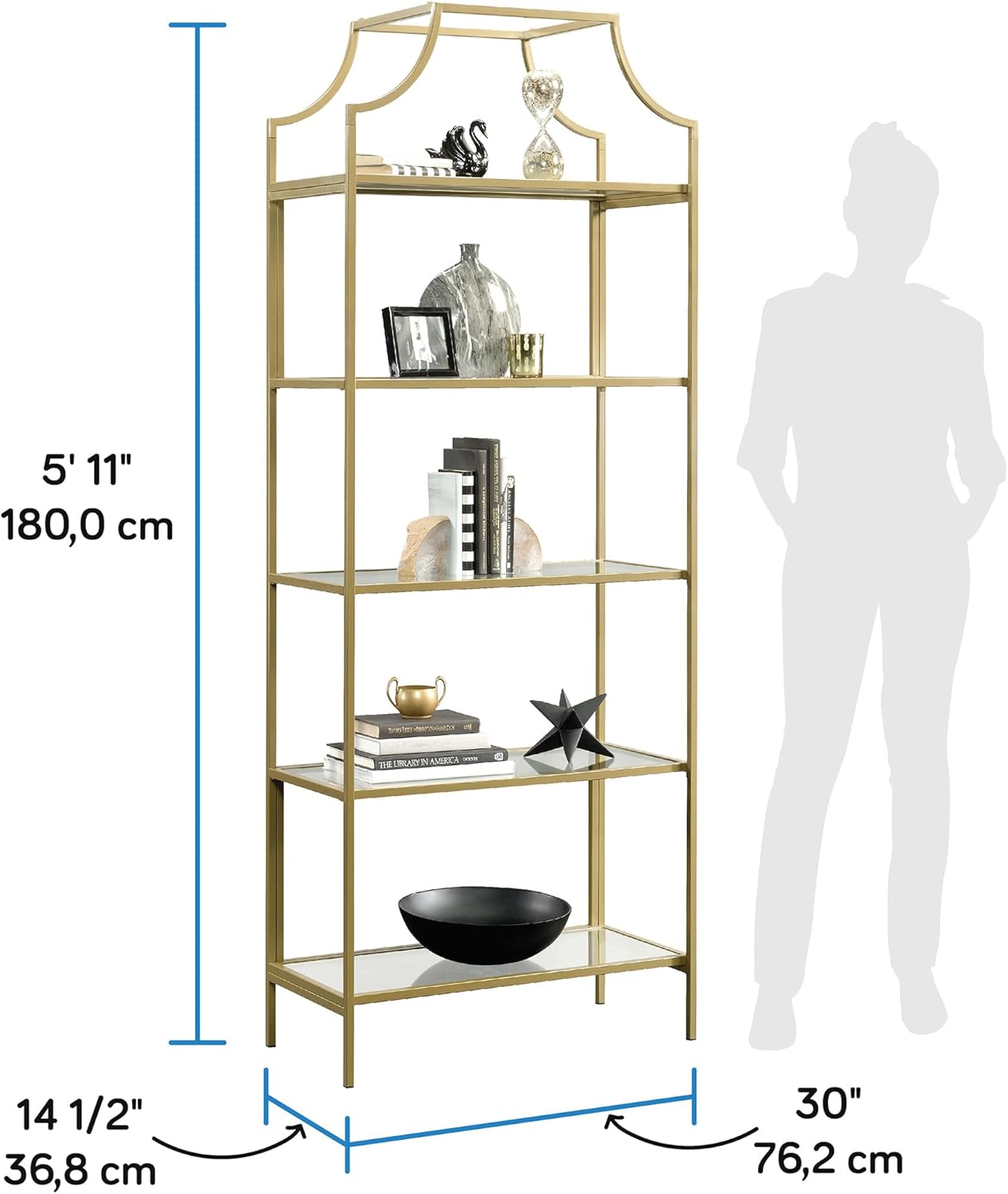 Sauder International Lux 71inH 5-Shelf Bookcase, Satin Gold