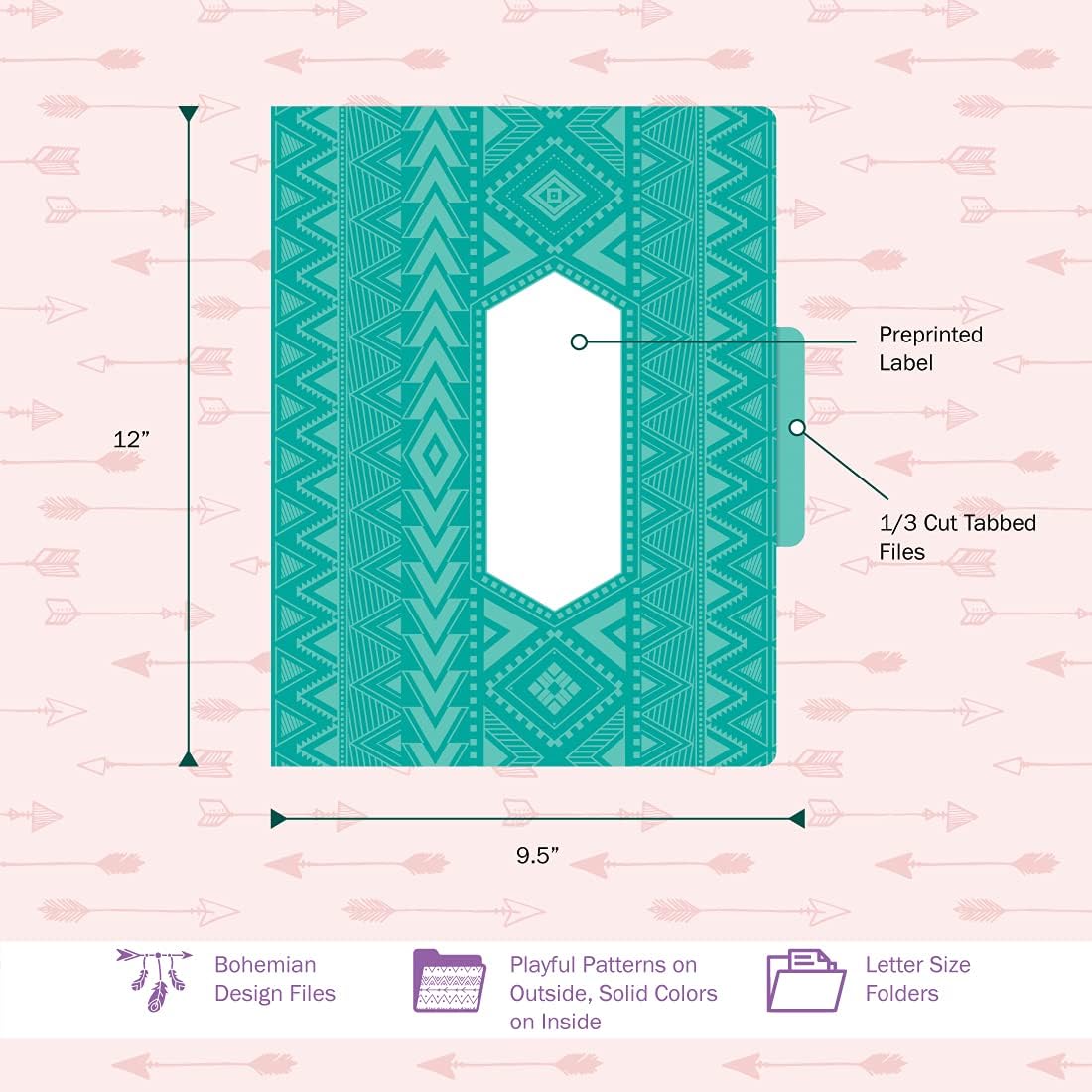 Barker Creek Designer File Folders, Bohemian, Multi-Design, Playful Patterns on Outside, Solid Colors on Inside, Letter Size