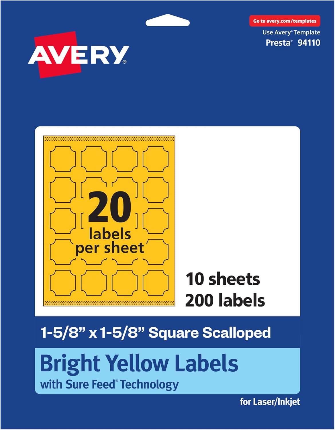 AVERY Printable Square Scalloped Labels, Sure Feed Technology, 1-5/8" x 1-5/8", Bright Yellow