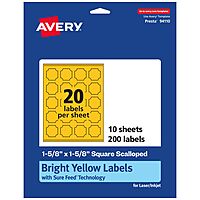 AVERY Printable Square Scalloped Labels, Sure Feed Technology, 1-5/8" x 1-5/8", Bright Yellow