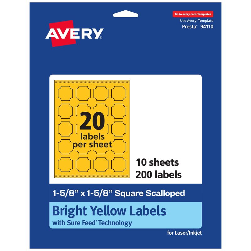 AVERY Printable Square Scalloped Labels, Sure Feed Technology, 1-5/8" x 1-5/8", Bright Yellow