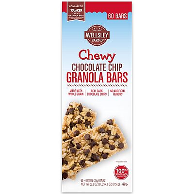 Wellsley Farms Chewy Chocolate Chip Granola Bars, 60 Count (3 lbs 4.8 oz) - 110 Calories Per Bar, Made with Whole Grain & Real Dark Chocolate Chips, No Artificial Flavors