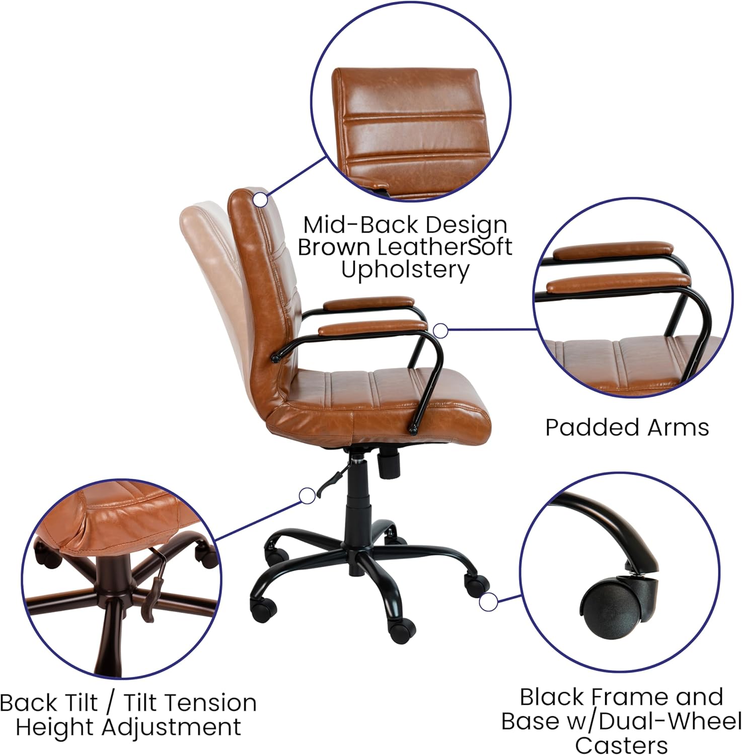 Flash Furniture Whitney Mid-Back Swivel LeatherSoft Desk Chair with Padded Seat and Armrests