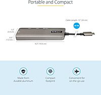 StarTech.com USB C Multiport Adapter - USB-C to HDMI 2.0b 4K 60Hz (HDR10), 100W Power Delivery Pass-Through, 4-Port USB 3.0 Hub - USB Type-C Mini Dock - 12" (30cm) Long Attached Cable (DKT30CHPD3)