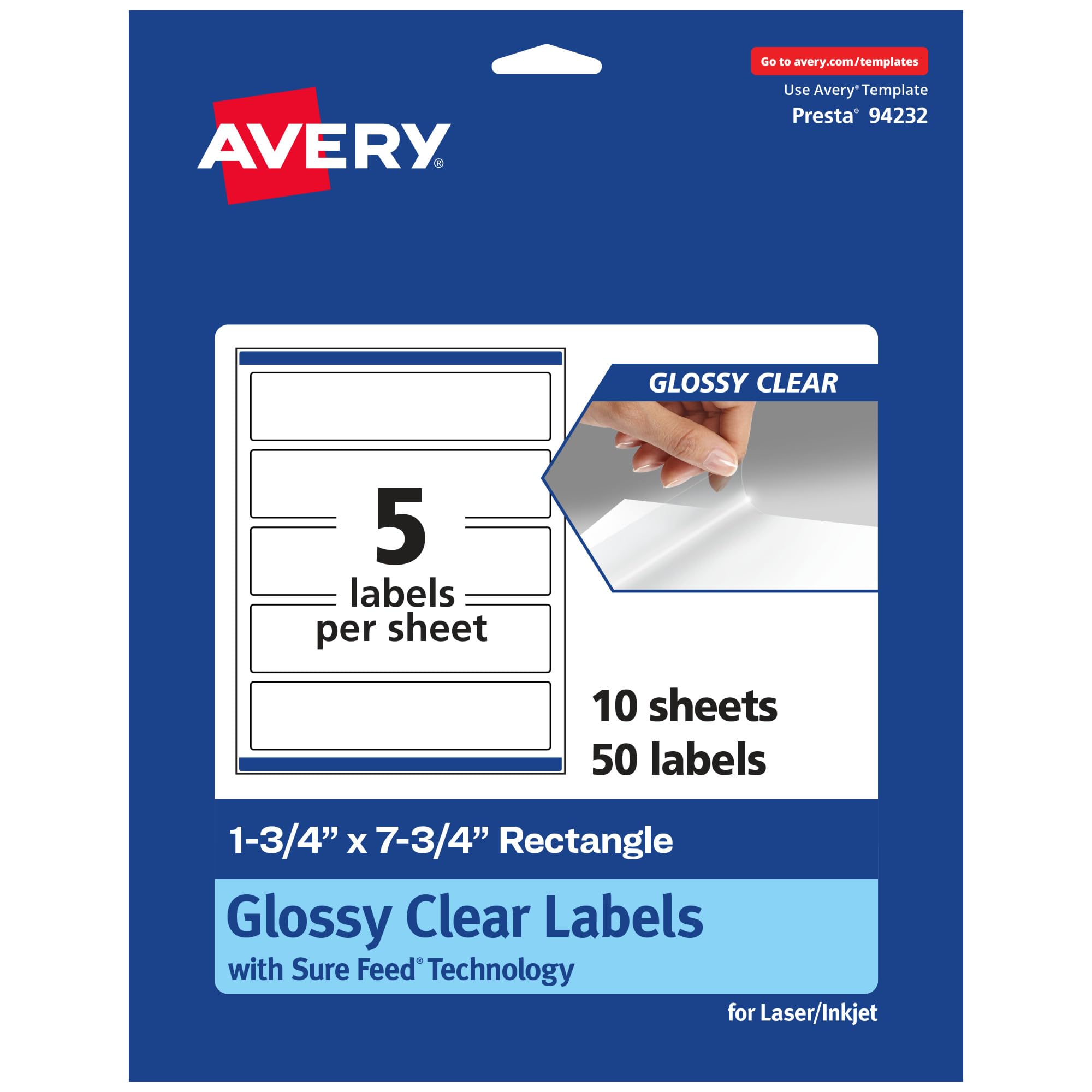 Avery Glossy Clear Rectangle Labels, Sure Feed Technology, 1.75" x 7.75", 50 Glossy Clear Labels, Print-to-The-Edge