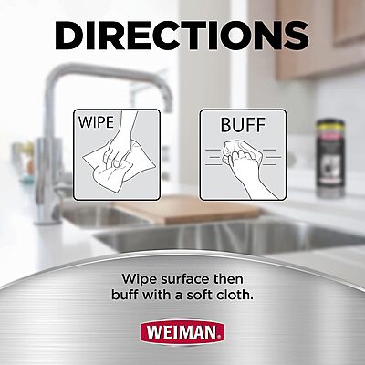 Weiman Stainless Steel Cleaner, 30 Count Cleaning Wipes, Removes Dirt, Grime, and Grease, No Streaks or Residue
