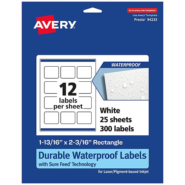 AVERY Durable Waterproof Rectangle Labels, Sure Feed Technology, 1-13/16" x 2-3/16"