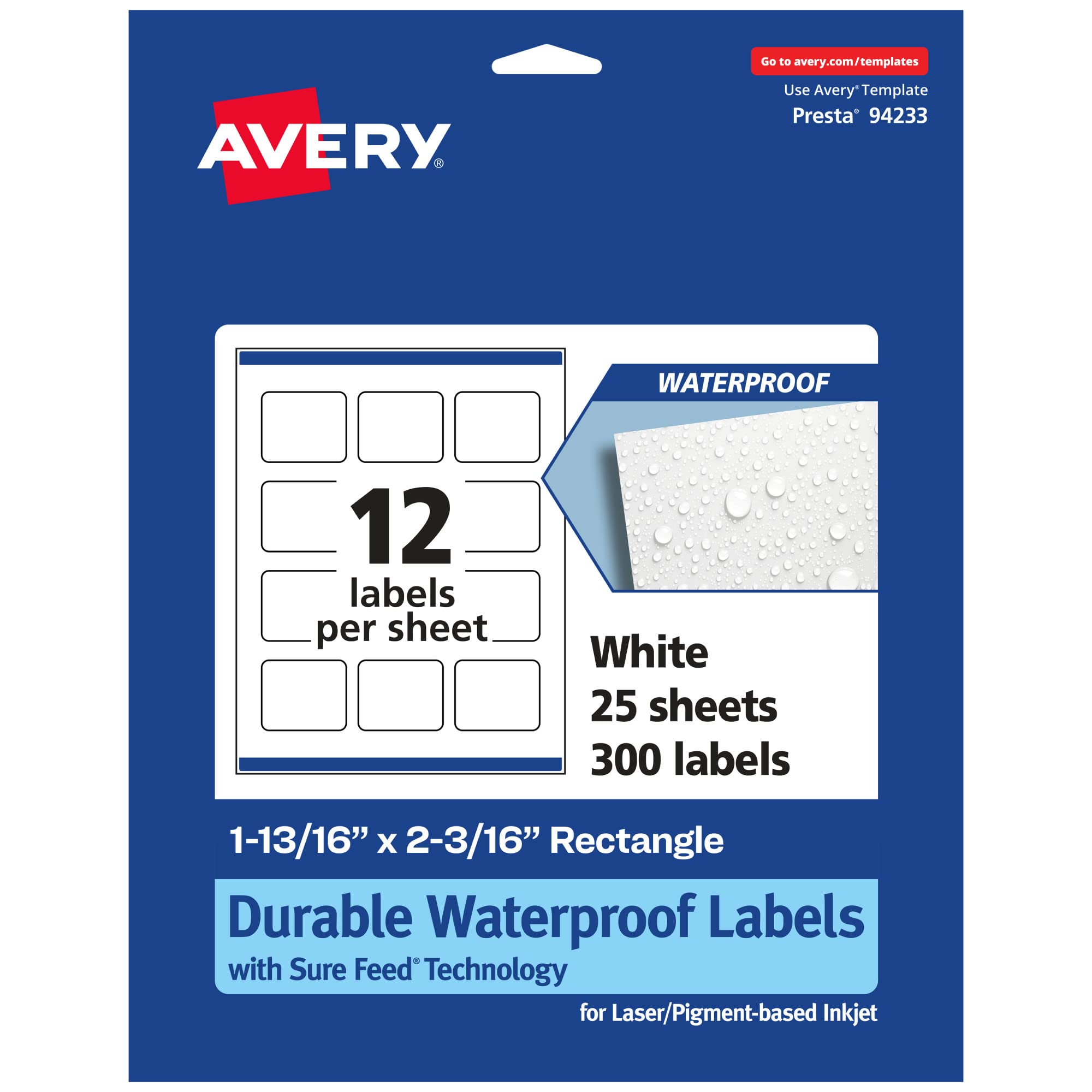 AVERY Durable Waterproof Rectangle Labels, Sure Feed Technology, 1-13/16" x 2-3/16"