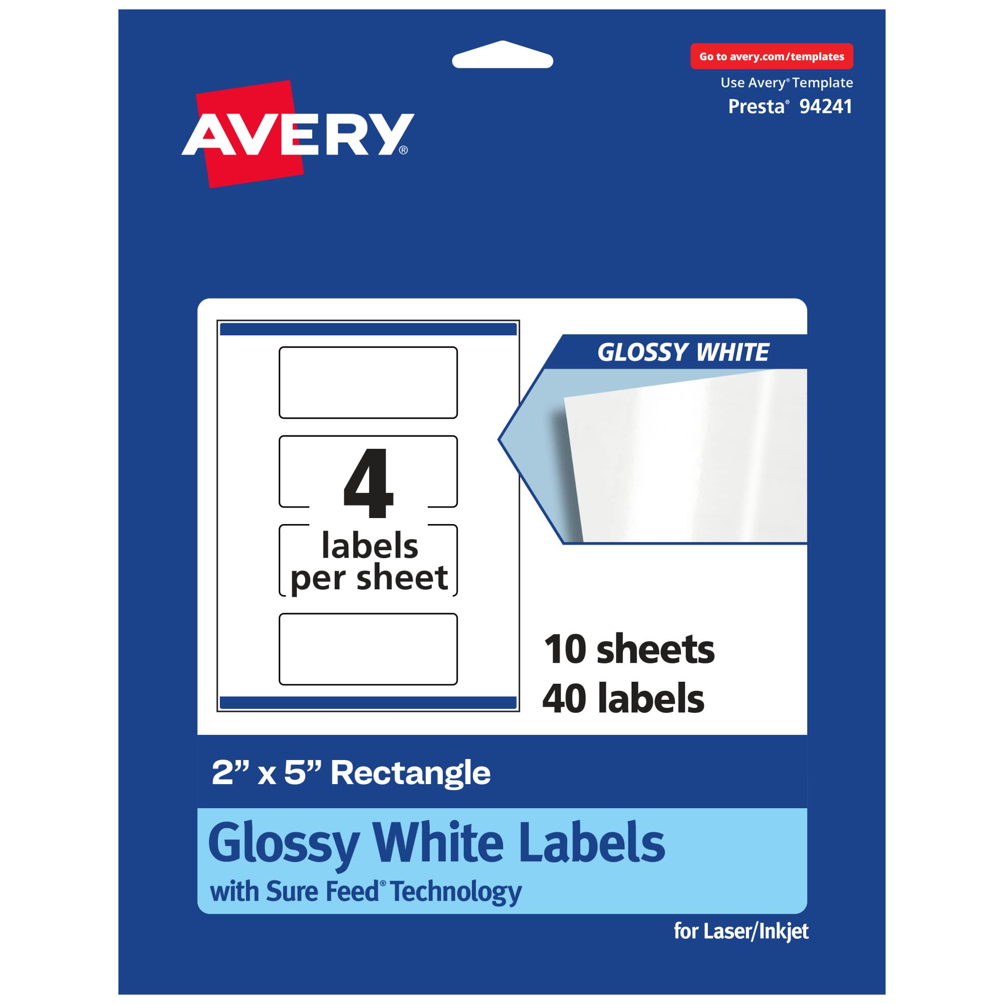 Avery Glossy White Rectangle Labels, Sure Feed Technology, 2" x 5", 40 Glossy White Labels, Print-to-The-Edge