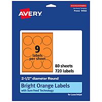 AVERY Printable Round Labels, Sure Feed Technology, 2.5 in Diameter, Bright Orange, Print-to-the-Edge