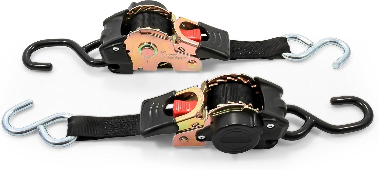 Camco 50033 Retractable Transom Tie Down Straps, 1” Width, 6’ Dual Hooks , Black