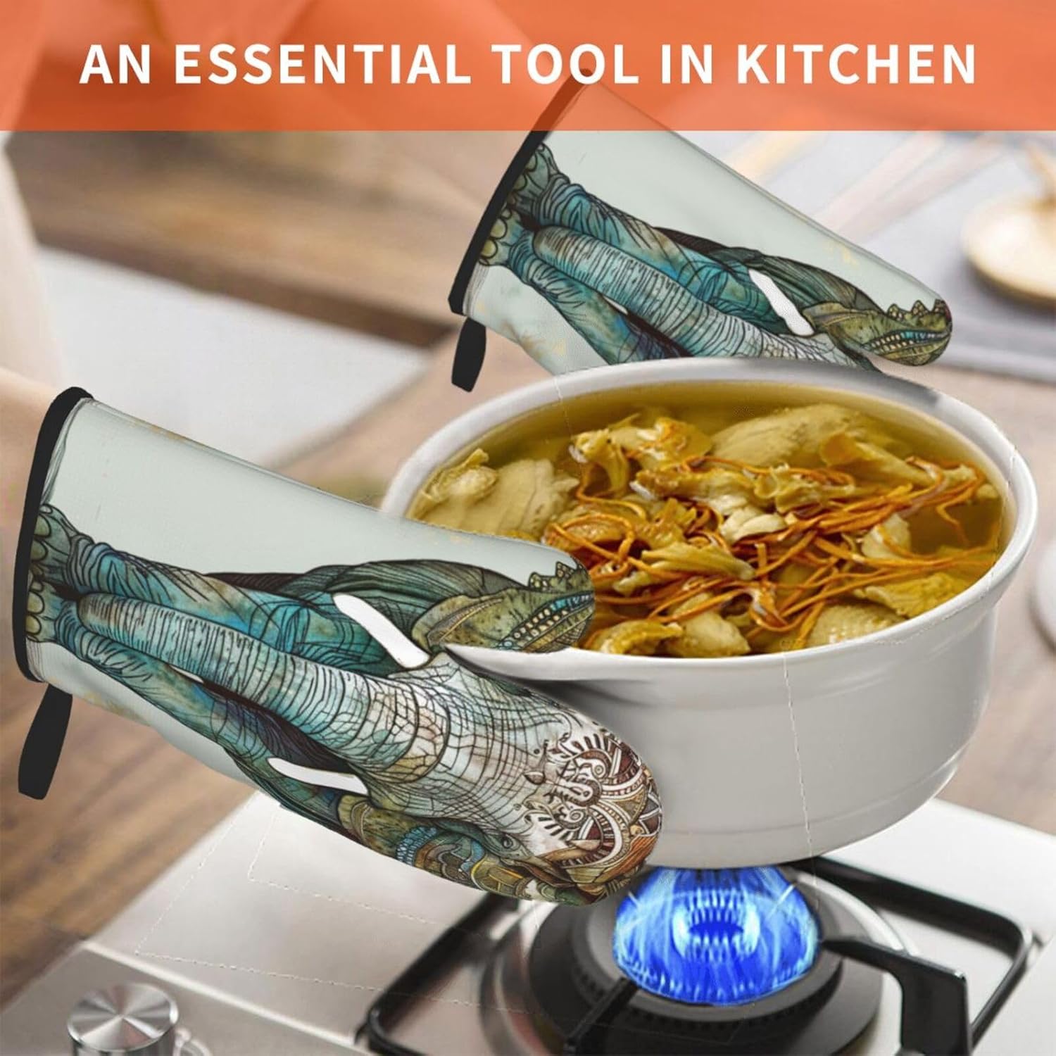 Elephant Print Printed Oven Mitts 2pcs - Heat Resistant Waterproof Fabric Oven Gloves for Kitchen, Baking