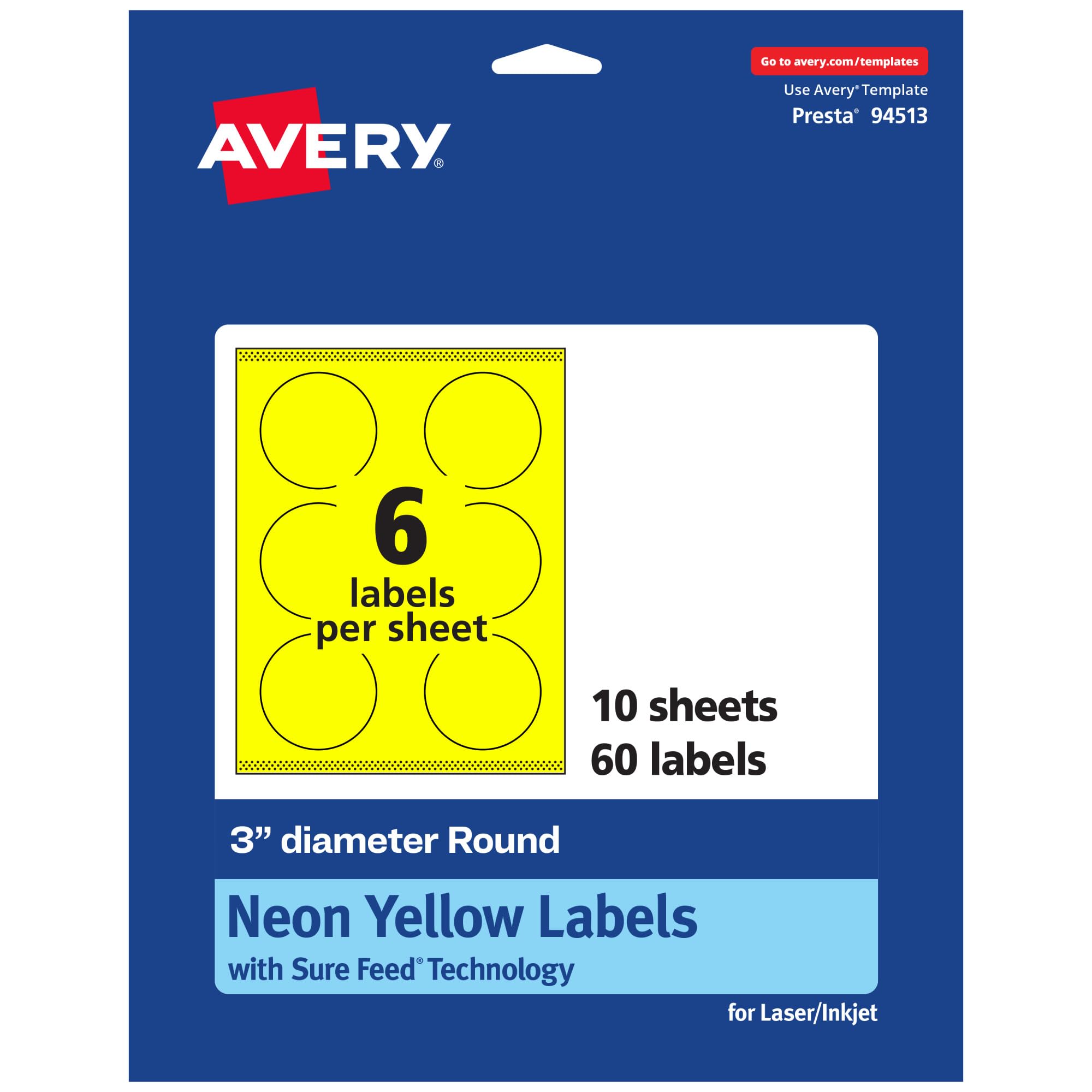 Avery Printable Round Labels, Sure Feed Technology, 3" Diameter, Neon Yellow, Print-to-The-Edge, Laser/Inkjet Printable