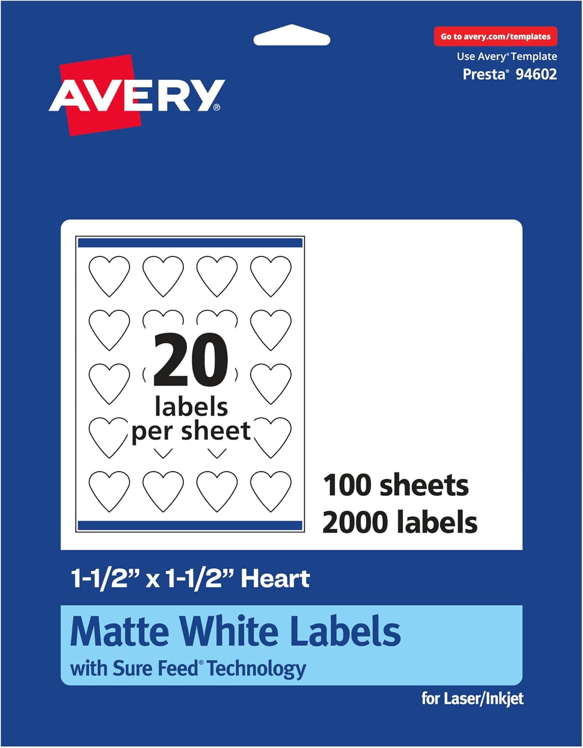 Avery Matte White Heart Labels, Sure Feed Technology, 1.5" x 1.5"