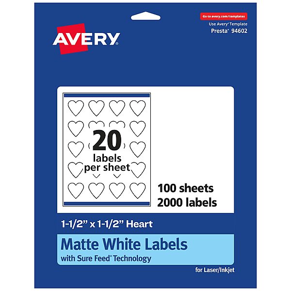 Avery Matte White Heart Labels, Sure Feed Technology, 1.5" x 1.5"