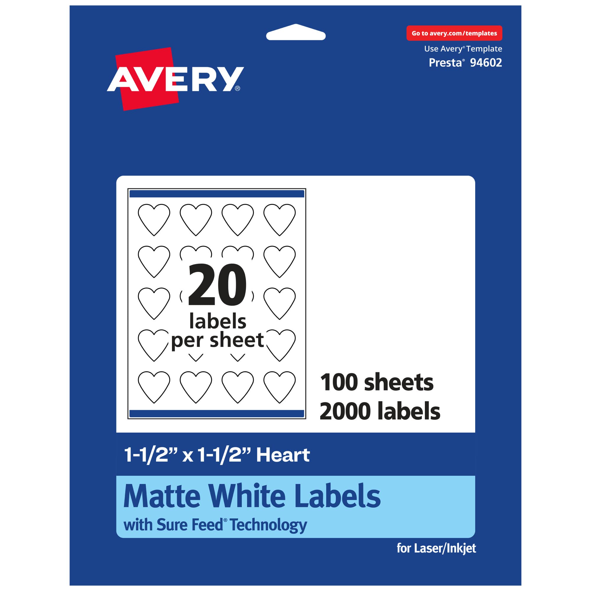 Avery Matte White Heart Labels, Sure Feed Technology, 1.5" x 1.5"