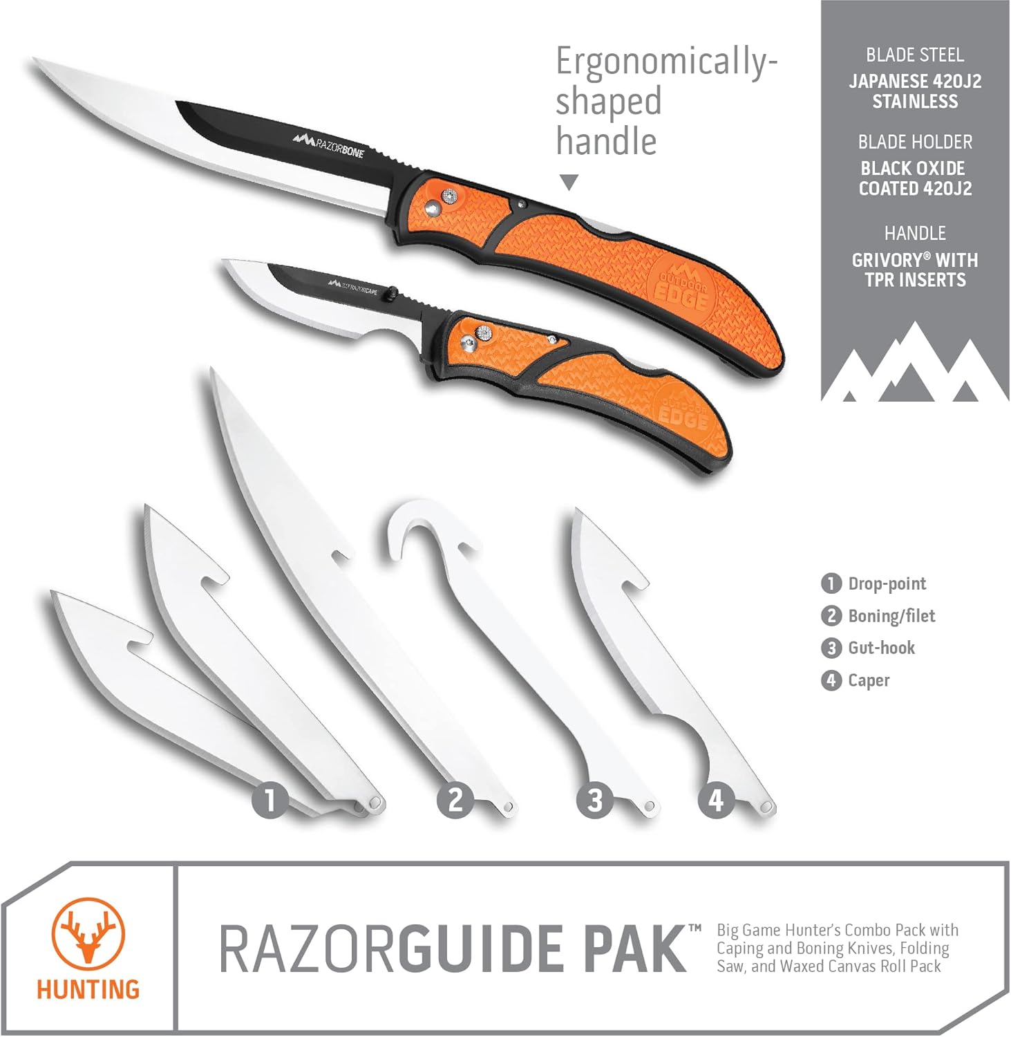 OUTDOOR EDGE RazorGuide Pak Hunting Knife Set. Features Two Replaceable Blade Hunting Knives, Bone Saw