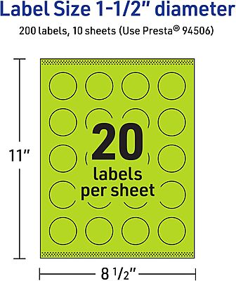 Avery Printable Round Labels, Sure Feed Technology, 1-1/2" Diameter, Bright Green Labels, Print-to-The-Edge