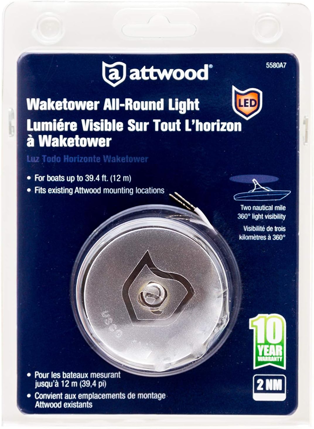 Attwood 5580A7 Waketower All-Round Marine Boat LED Navigation Light, Silver, One Size (5580-A7)