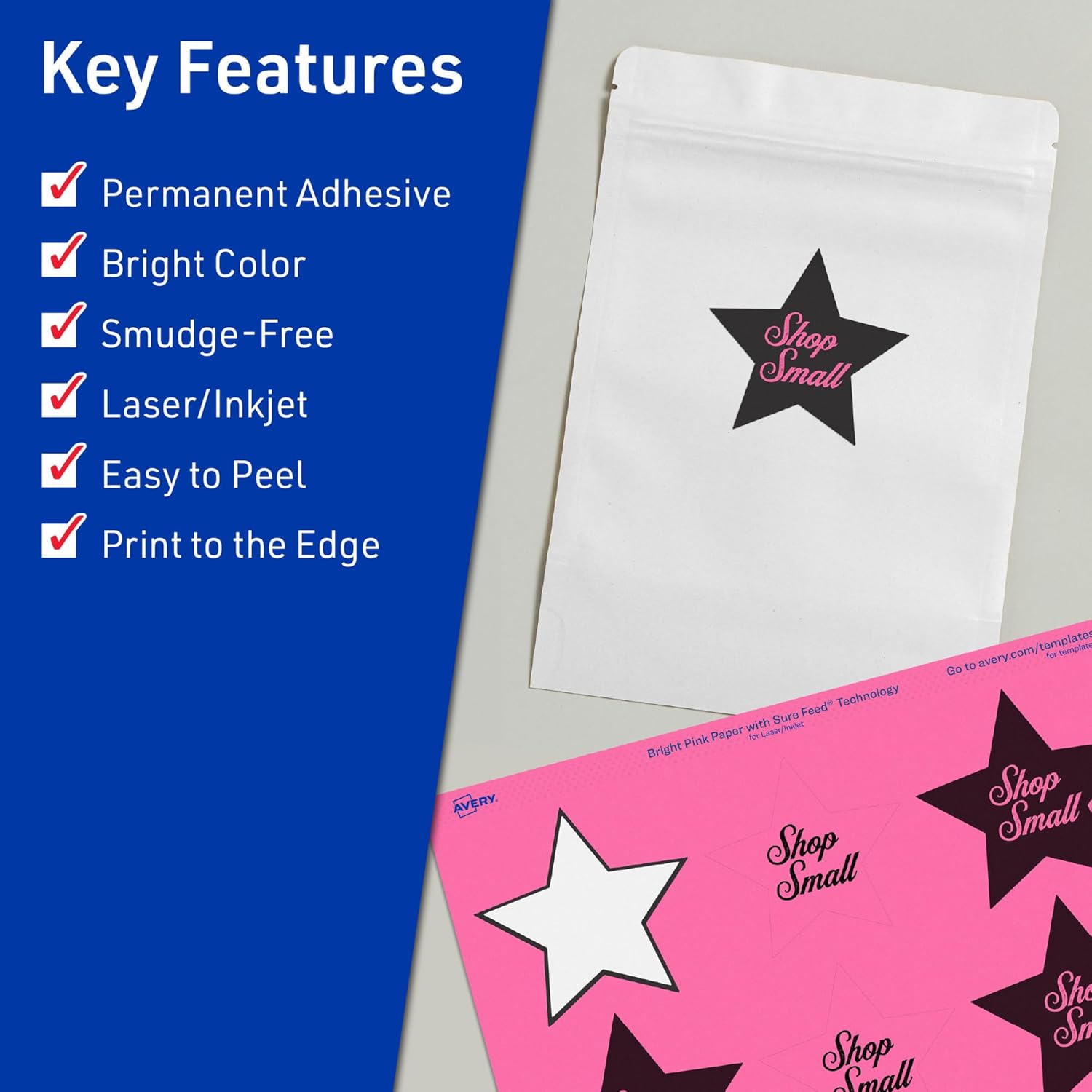 Avery Printable Star Labels, Sure Feed Technology, 2-1/4" x 2-3/8", Bright Pink, Print-to-The-Edge, Laser/Inkjet