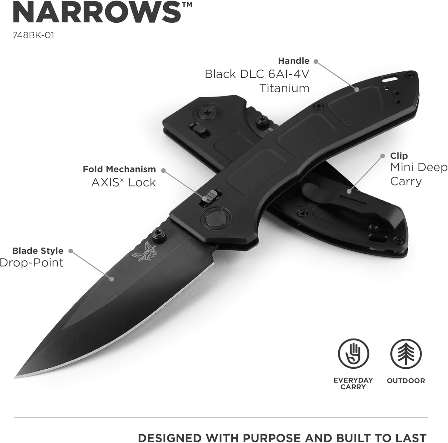 Benchmade - Narrows 748 EDC Knife with Black DLC Titanium Handle (748BK-01)