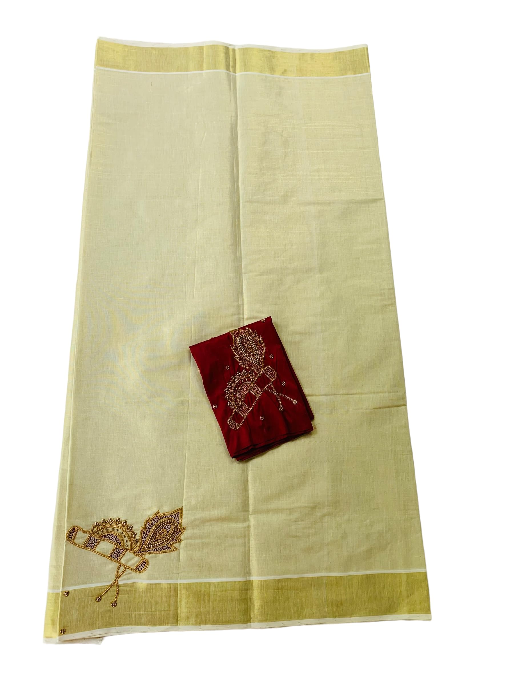 Kuthampully Kerala Kasavu Sarees For Women | Handcrafted Aari work Kerala Sarees | Tissue Onam Saree With Running Blouse | South Indian Sarees | Onam Saree EKM-784 (Maroon)