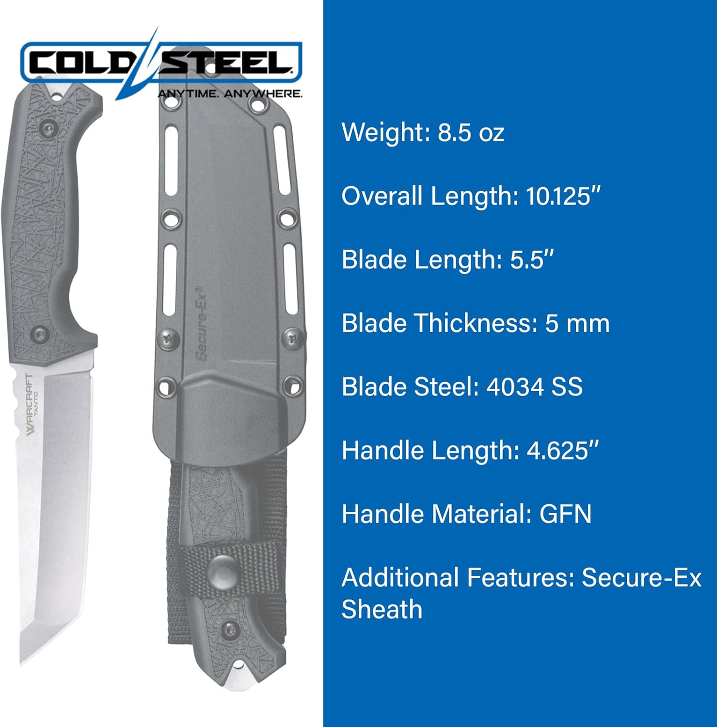 Cold Steel Warcraft Tanto 4034SS Fixed Blade Knife with GFN Handle and Secure-Ex Sheath