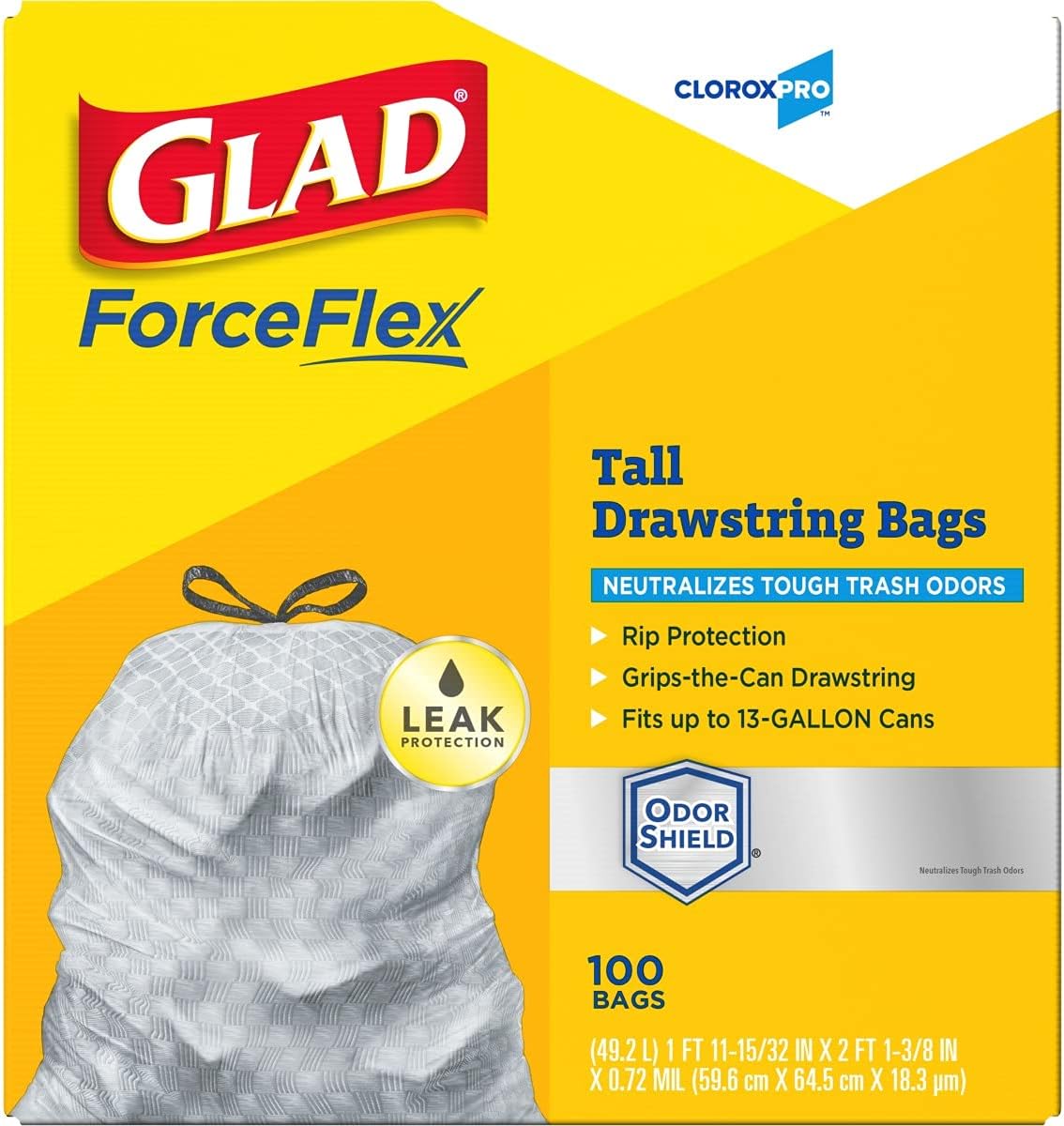Glad Trash Bags, ForceFlex Tall Kitchen Drawstring Garbage Bags, Clorox 13 Gallon Trash Bags for Tall Trash Can