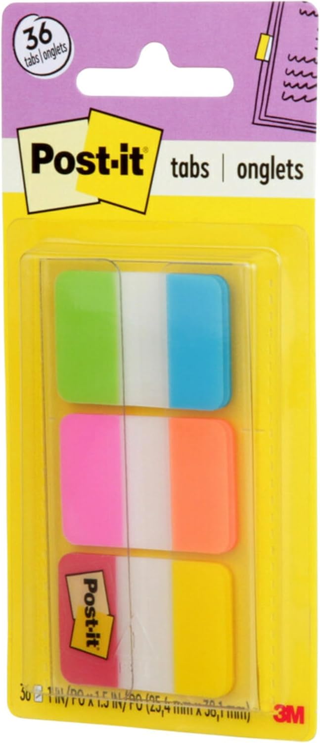 Post-it Tabs, 1 in Solid, Aqua, Yellow, Pink, Red, Green, Orange, 6/Color, 36/Dispenser (686-ALOPRYT) 0.4" x 2.8"