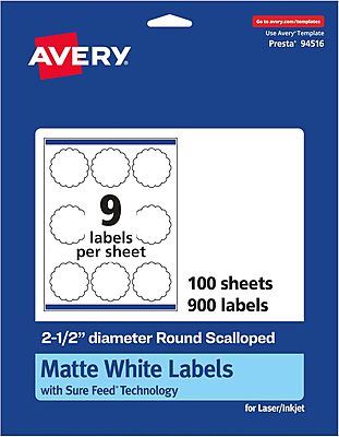 Avery Matte White Round Scalloped Labels, Sure Feed Technology, 2.5" Diameter