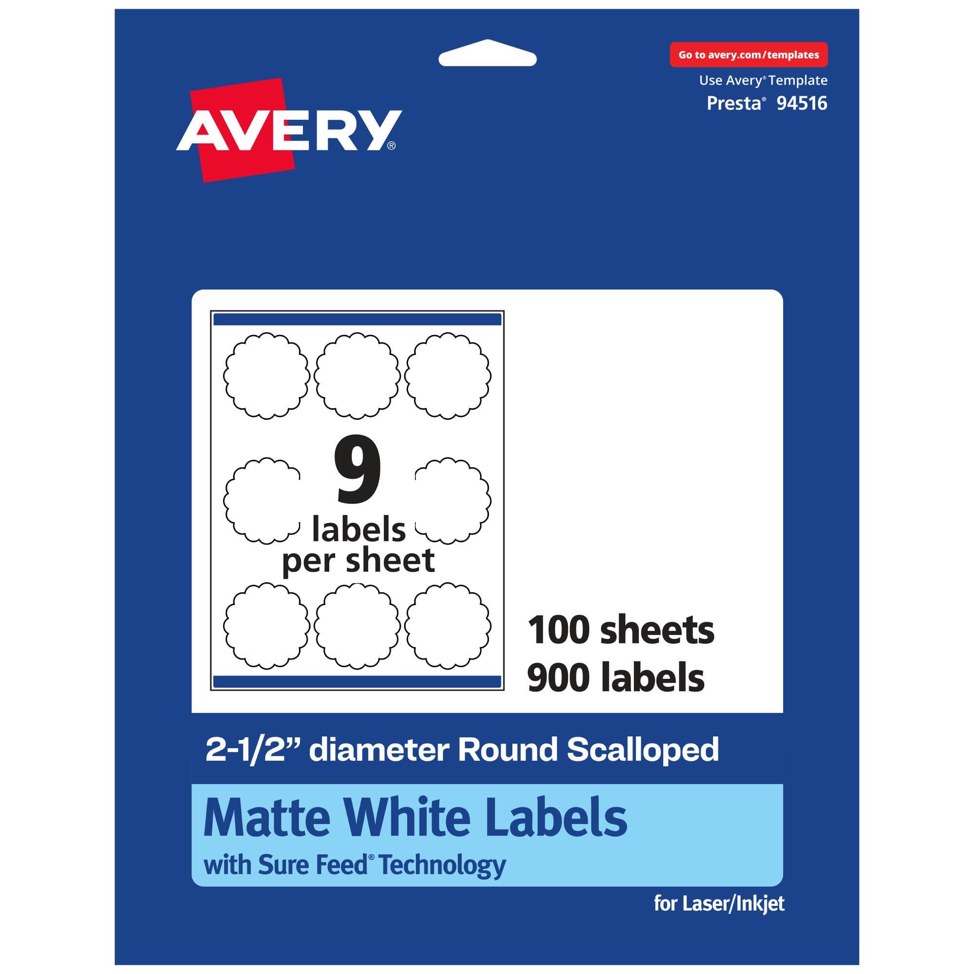 Avery Matte White Round Scalloped Labels, Sure Feed Technology, 2.5" Diameter