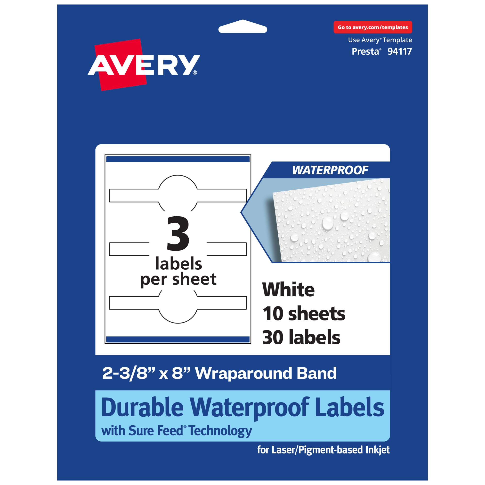 AVERY Durable Waterproof Wraparound Band Labels, Sure Feed Technology, 2-3/8" x 8", Cigar Band Labels