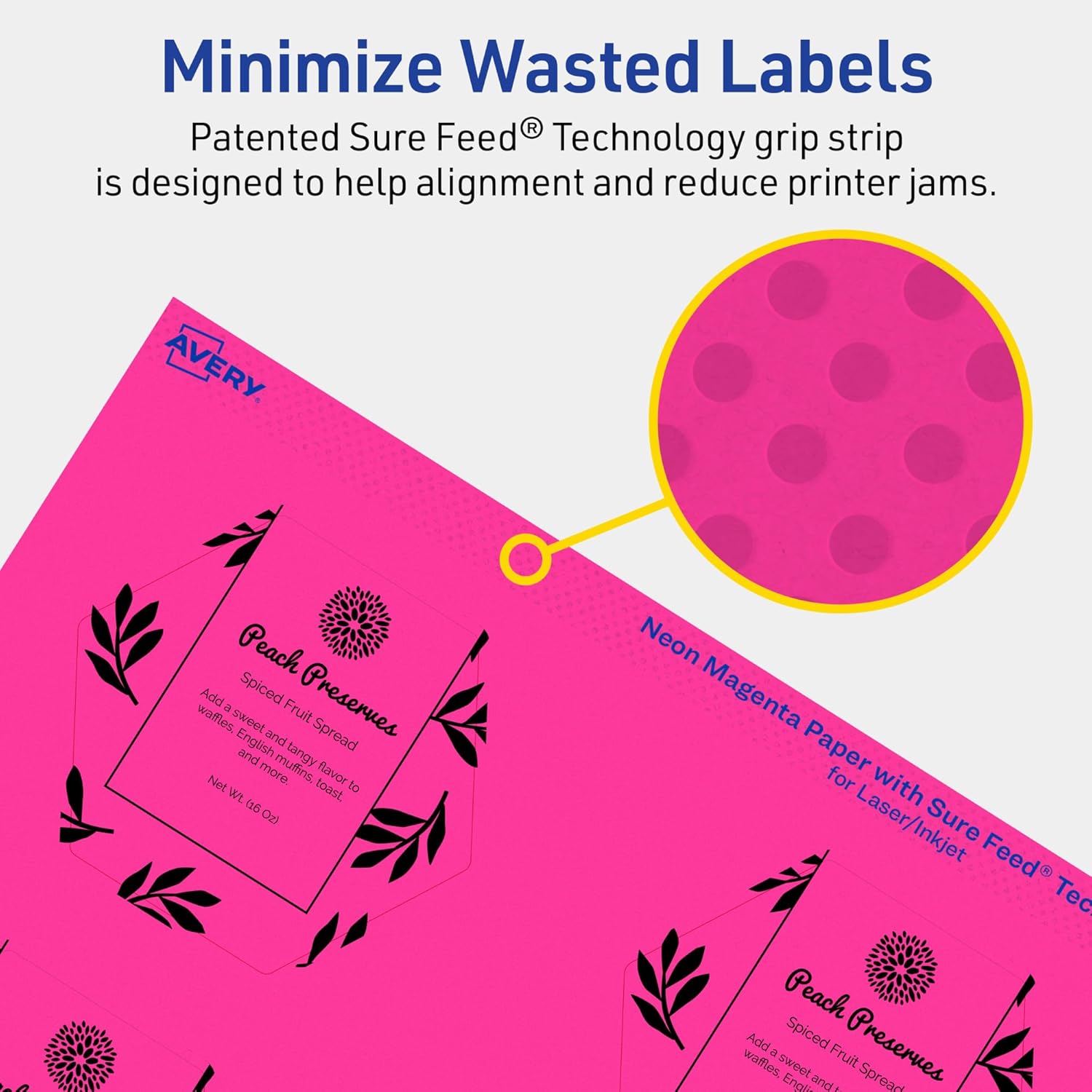 AVERY Printable Hexagon Labels, Sure Feed Technology, 2-1/2\" x 2-57/64\", Neon Magenta, Print-to-The-Edge