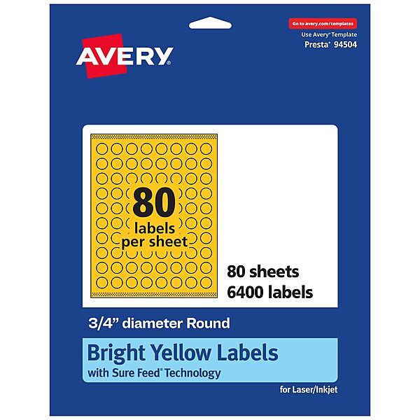 Avery Printable Round Labels, 3/4 in, Bright Yellow, Sure Feed Technology