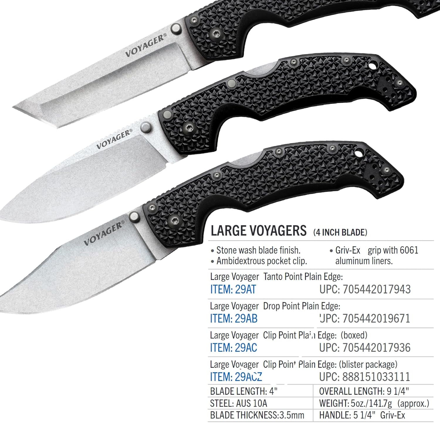Cold Steel Voyager Large Folding Knife with Griv-Ex Handle and Tri-Ad Lock